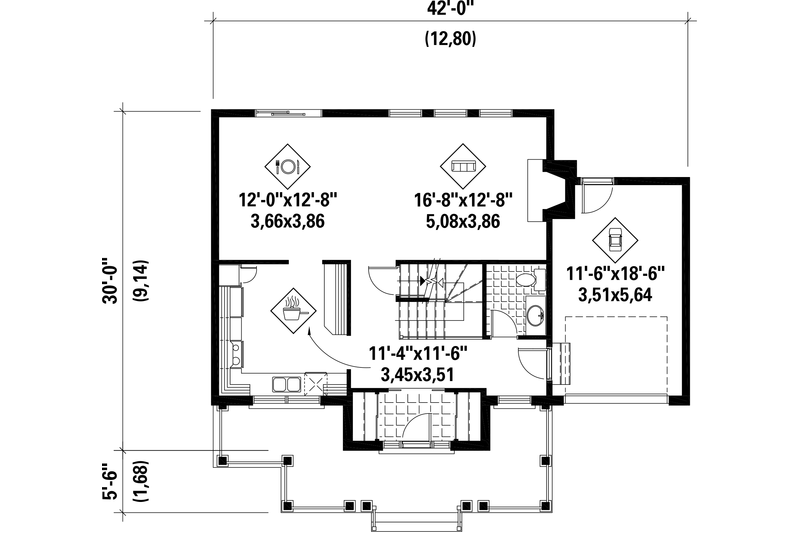 Architectural House Design - Floor Plan - Main Floor for Country House Plan #25-4551 - 3 bed, 1 bath