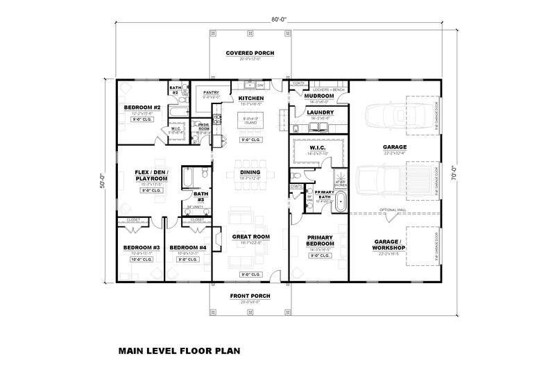 House Design - Floor Plan - Main Floor for Barndominium House Plan #1117-26 - 4 bed, 3.5 bath