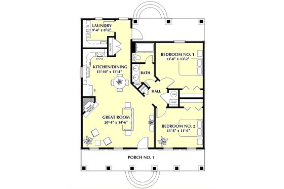 Floor Plan - Main Floor for Southern House Plan #44-148 - 2 bed, 1 bath