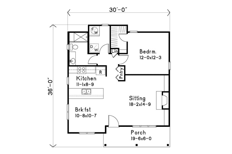 Architectural House Design - Floor Plan - Main Floor for Cottage House Plan #22-653 - 1 bed, 1 bath