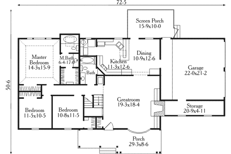 Architectural House Design - Floor Plan - Main Floor for Southern House Plan #406-166 - 3 bed, 2 bath