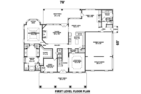 Floor Plan - Main Floor for Southern House Plan #81-1287 - 4 bed, 4 bath