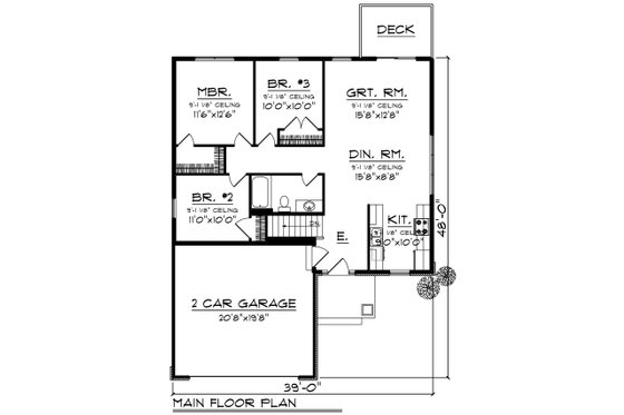 Floor Plan - Main Floor for Ranch House Plan #70-1258 - 3 bed, 1 bath