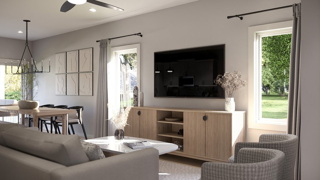 Living room and dining area.