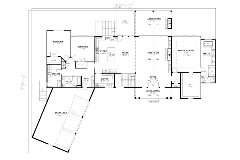 House Design - Floor Plan - Main Floor for Craftsman House Plan #437-131 - 3 bed, 2 bath