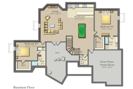 Floor Plan - Lower Floor for Craftsman House Plan #1057-17 - 3 bed, 3.5 bath