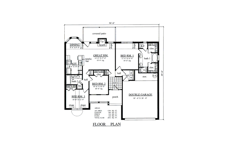 House Blueprint - Floor Plan - Main Floor for Country House Plan #42-353 - 3 bed, 2 bath