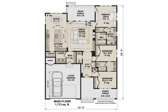 Floor Plan - Main Floor for Farmhouse House Plan #51-1519 - 3 bed, 2.5 bath