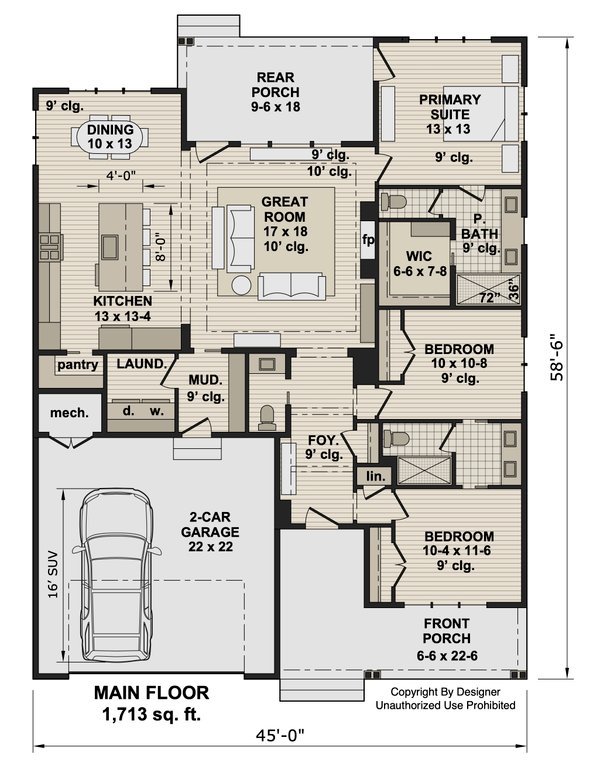 Architectural House Design - Floor Plan - Main Floor for Farmhouse House Plan #51-1519 - 3 bed, 2.5 bath