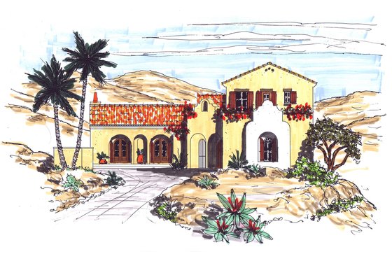 Exterior - Front Elevation for Mediterranean House Plan #76-113 - 3 bed, 3.5 bath