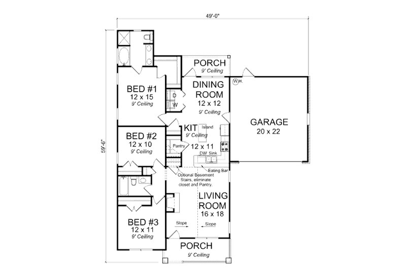 House Plan Design - Floor Plan - Main Floor 1 for Ranch House Plan #513-2 - 3 bed, 2 bath