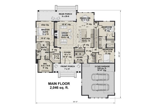 Floor Plan - Main Floor for Farmhouse House Plan #51-1151 - 3 bed, 2.5 bath