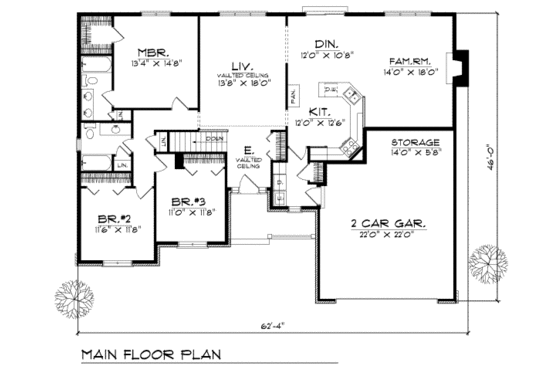 Floor Plan - Main Floor for Traditional House Plan #70-220 - 3 bed, 2 bath