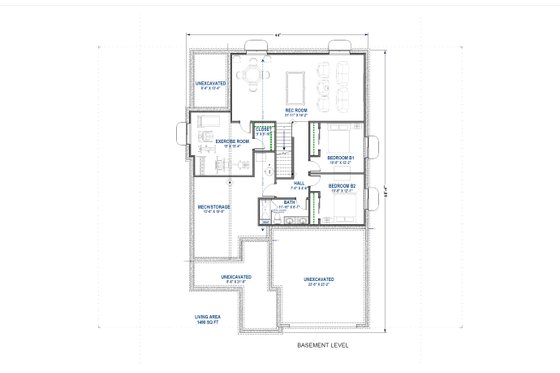 Floor Plan - Lower Floor for Ranch House Plan #1069-23 - 3 bed, 2 bath