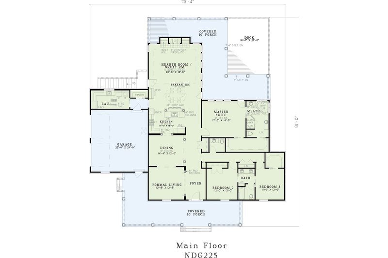 Architectural House Design - Floor Plan - Main Floor for Southern House Plan #17-168 - 3 bed, 2.5 bath