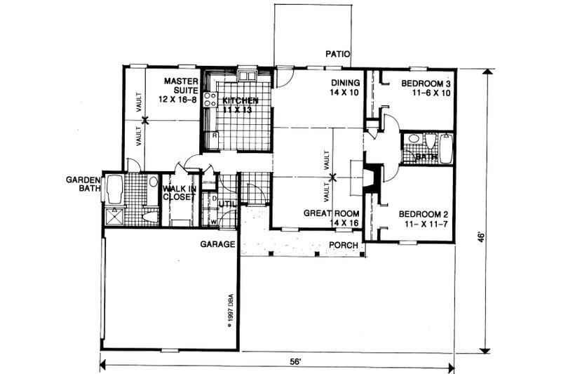 House Blueprint - Floor Plan - Main Floor for Ranch House Plan #30-352 - 3 bed, 2 bath