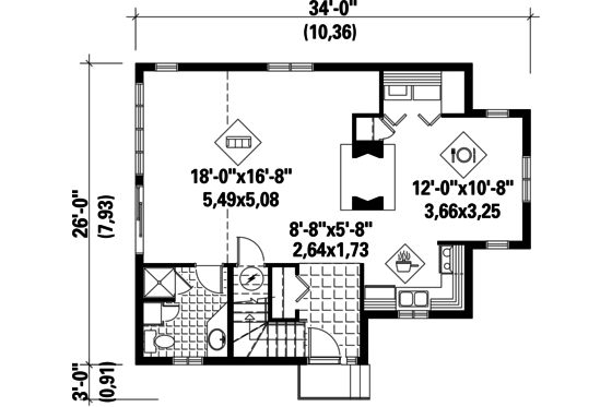 Floor Plan - Main Floor for Cabin House Plan #25-4529 - 1 bed, 2 bath
