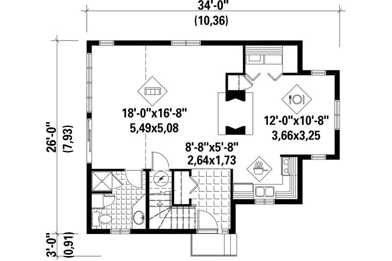 House Blueprint - Floor Plan - Main Floor for Cabin House Plan #25-4529 - 1 bed, 2 bath