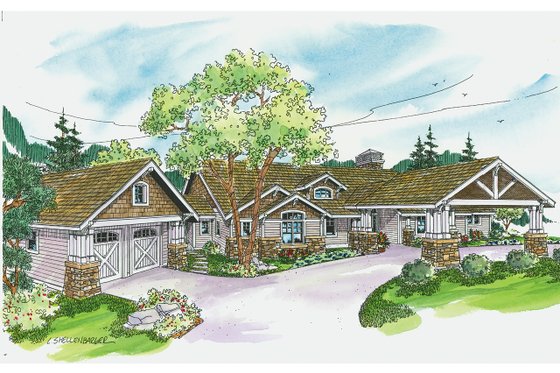 Exterior - Front Elevation for Craftsman House Plan #124-704 - 2 bed, 3 bath