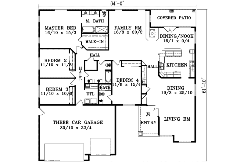 Home Plan - Floor Plan - Main Floor for Ranch House Plan #1-1484 - 4 bed, 3 bath