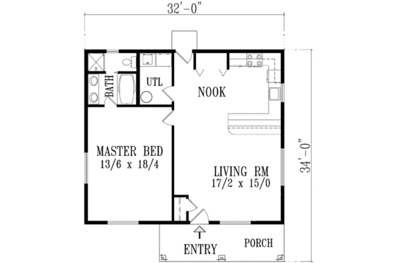 Floor Plan - Main Floor for Ranch House Plan #1-771 - 1 bed, 1 bath