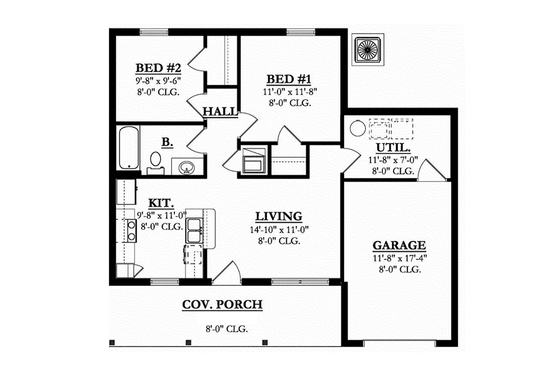 Floor Plan - Main Floor for Ranch House Plan #1058-74 - 2 bed, 1 bath