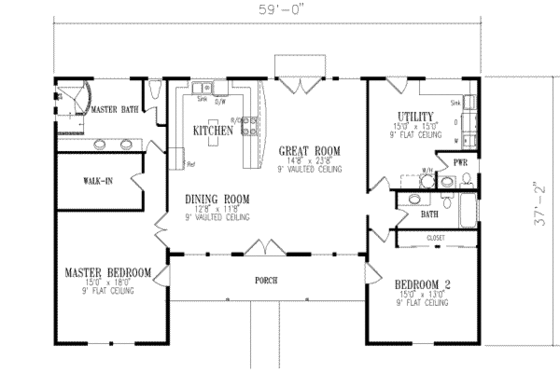 Floor Plan - Main Floor for Country House Plan #1-389 - 2 bed, 2.5 bath
