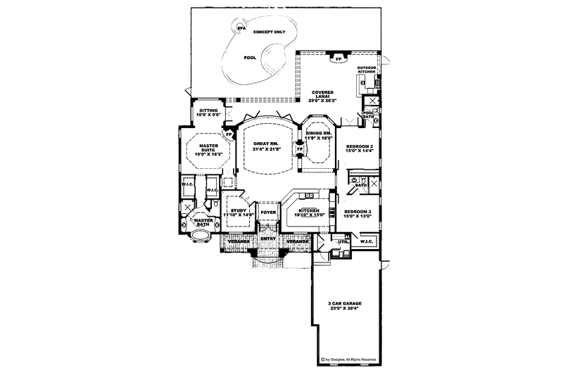Home Plan - Floor Plan - Main Floor for Mediterranean House Plan #1017-55 - 3 bed, 3 bath