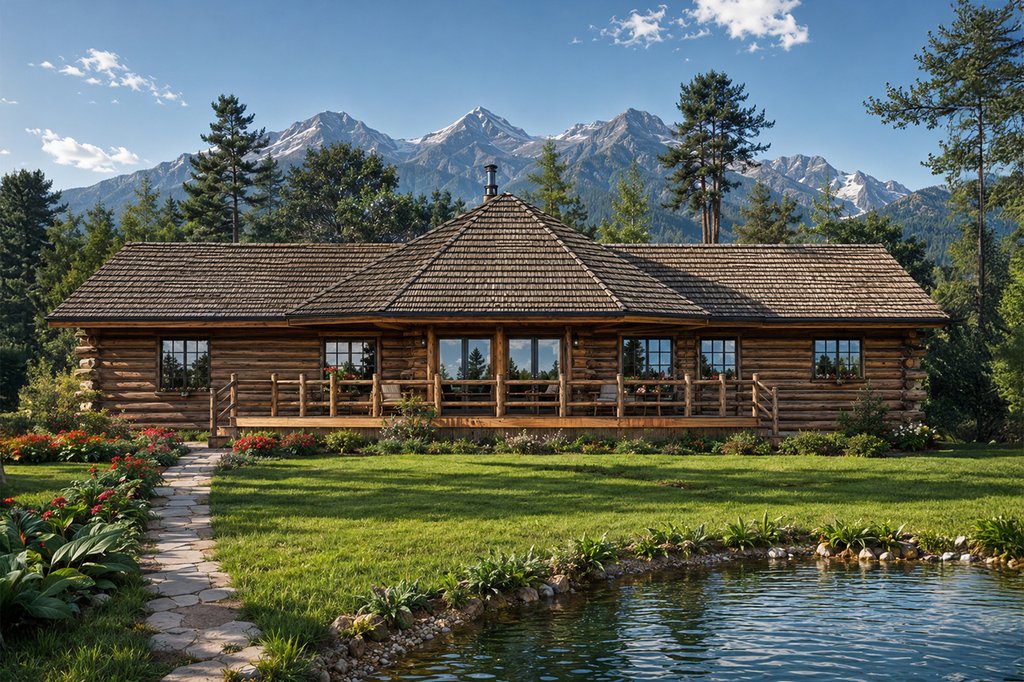 Exterior - Front Elevation 2 for Log House Plan #124-140 - 2 bed, 2 bath