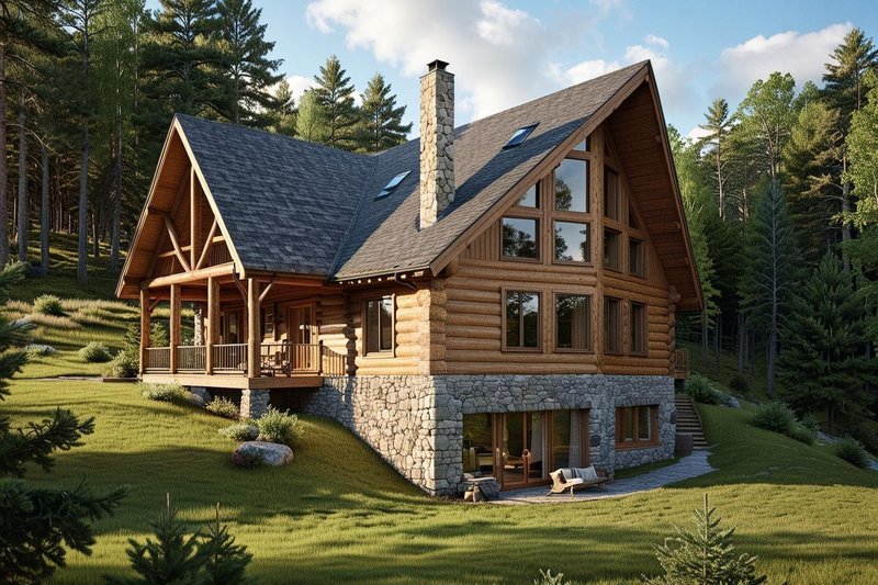 Exterior - Front Elevation 2 for Log House Plan #117-399 - 3 bed, 2 bath