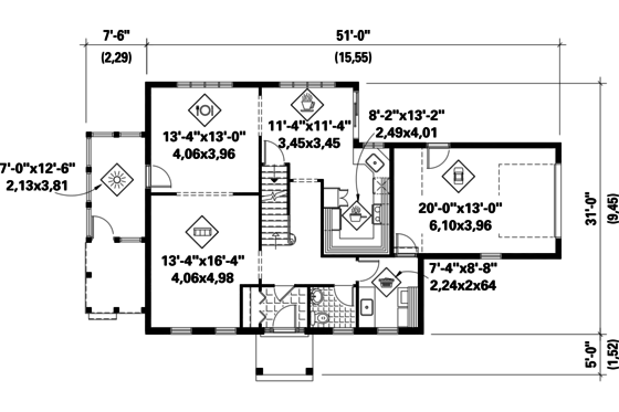 Floor Plan - Main Floor for Colonial House Plan #25-4761 - 3 bed, 1 bath