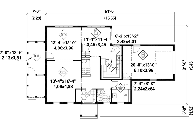 House Blueprint - Floor Plan - Main Floor for Colonial House Plan #25-4761 - 3 bed, 1 bath