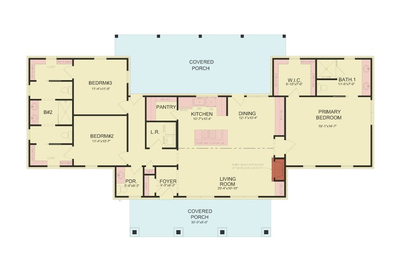 House Blueprint - Floor Plan - Main Floor for Farmhouse House Plan #54-683 - 3 bed, 2.5 bath