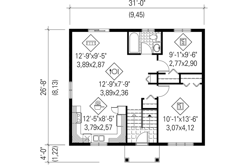 Dream House Plan - Floor Plan - Main Floor for Colonial House Plan #25-4367 - 2 bed, 1 bath