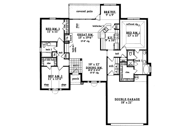 Architectural House Design - Floor Plan - Main Floor for Ranch House Plan #42-591 - 3 bed, 2 bath