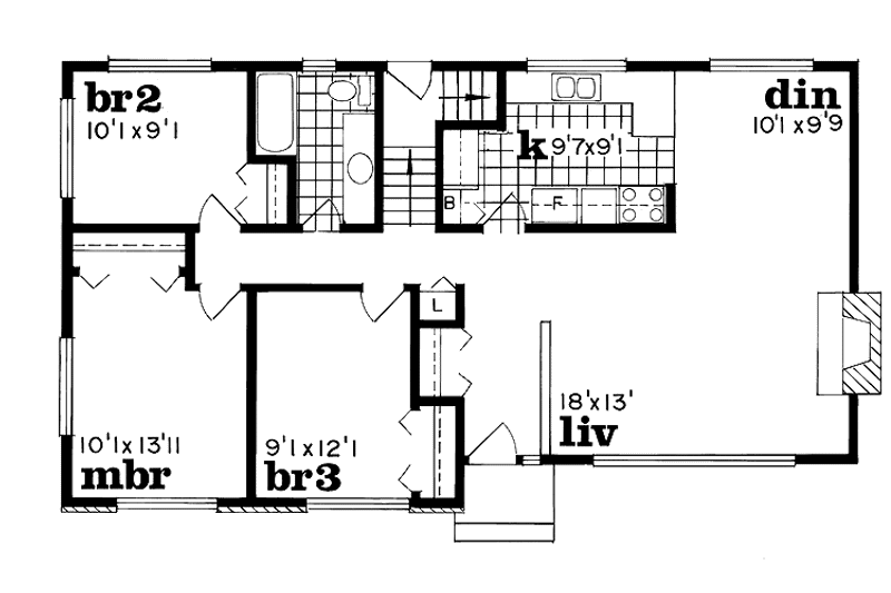 House Blueprint - Floor Plan - Main Floor for Ranch House Plan #47-1016 - 3 bed, 1 bath