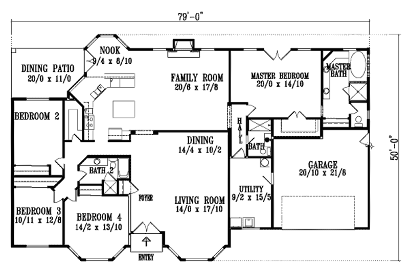Home Plan - Floor Plan - Main Floor for Ranch House Plan #1-1196 - 4 bed, 3 bath