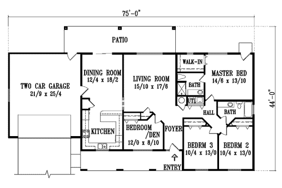 Floor Plan - Main Floor for Adobe / Southwestern House Plan #1-1338 - 4 bed, 2 bath