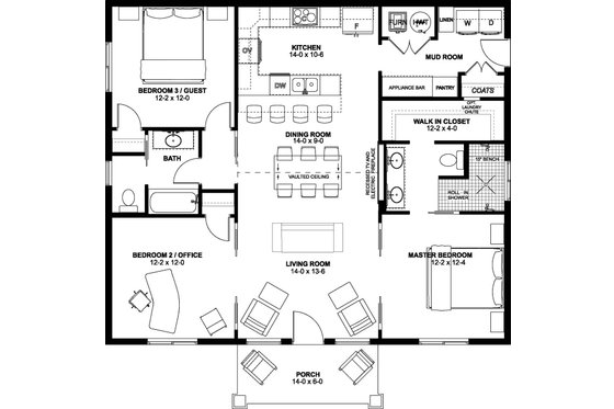 Floor Plan - Main Floor for Farmhouse House Plan #126-247 - 3 bed, 2 bath