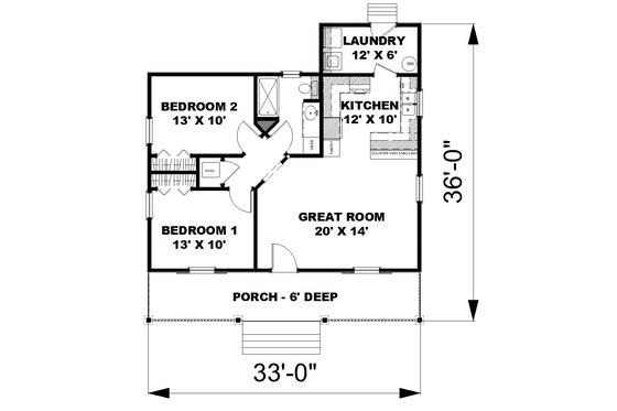 Floor Plan - Main Floor for Cottage House Plan #44-114 - 2 bed, 1 bath