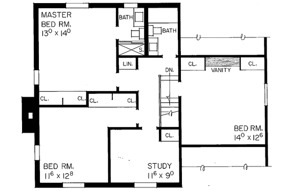 Floor Plan - Upper Floor for Colonial House Plan #72-552 - 3 bed, 2.5 bath