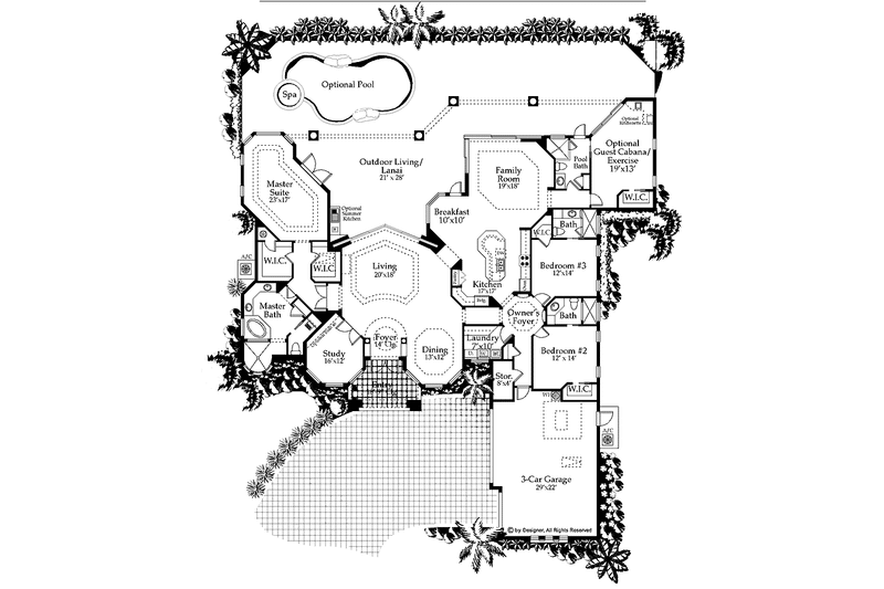 House Blueprint - Floor Plan - Main Floor for Mediterranean House Plan #1017-28 - 3 bed, 4 bath