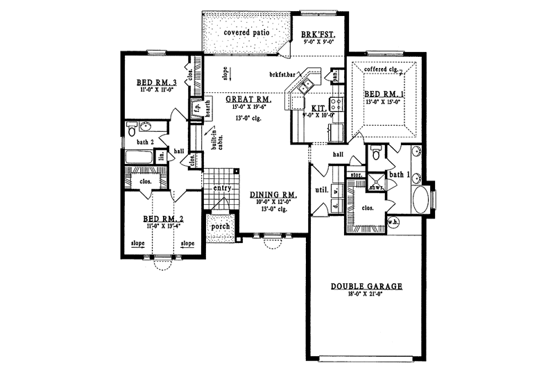 Architectural House Design - Floor Plan - Main Floor for Ranch House Plan #42-521 - 3 bed, 2 bath