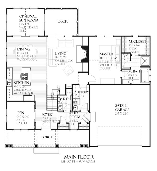 Craftsman style house plan, Ranch design, main level floor plan