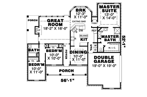 Floor Plan - Main Floor for Ranch House Plan #34-166 - 3 bed, 2 bath