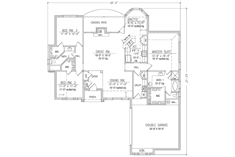House Design - Floor Plan - Main Floor for Traditional House Plan #42-607 - 3 bed, 2 bath