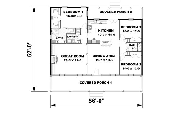 Floor Plan - Main Floor for Farmhouse House Plan #44-250 - 3 bed, 2 bath
