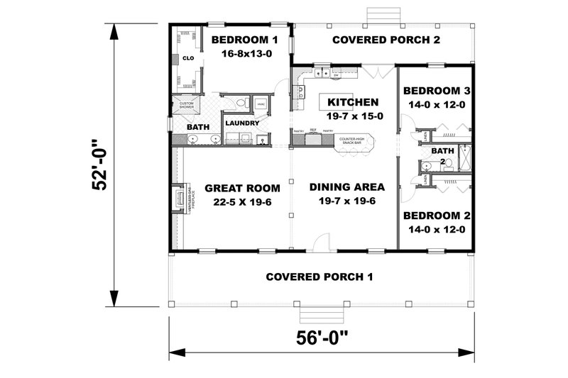 Home Plan - Floor Plan - Main Floor for Farmhouse House Plan #44-250 - 3 bed, 2 bath