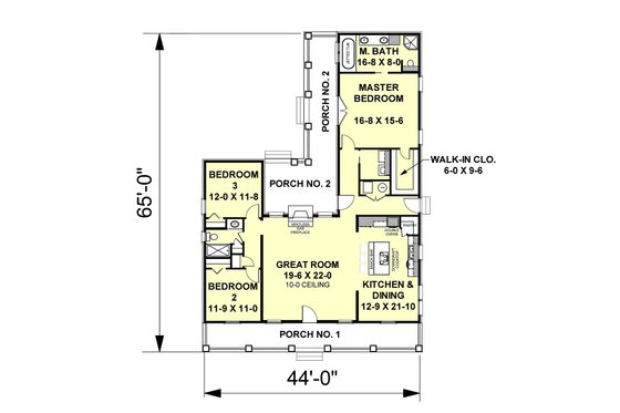 Floor Plan - Main Floor for Ranch House Plan #44-101 - 3 bed, 2 bath