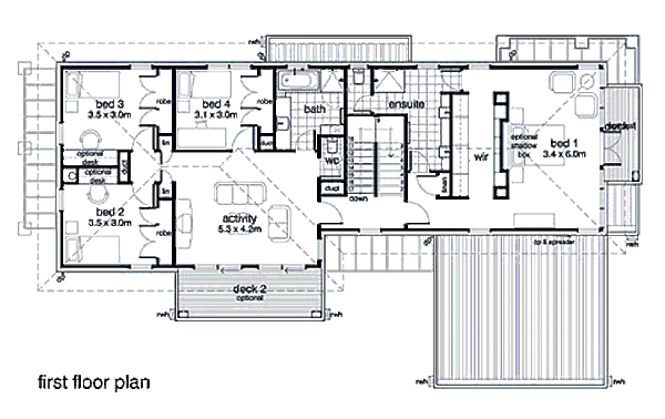 Modern style House plan, upper level floor plan